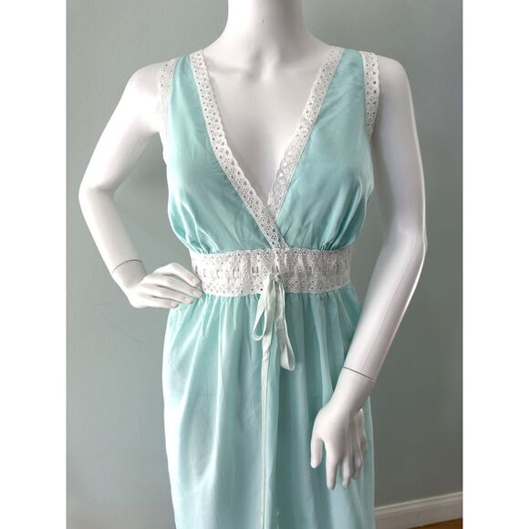 1970s Vintage Aqua Blue Lace Trim Maxi Nightgown Lingerie Dress size 38 M/L - Picture 5 of 9